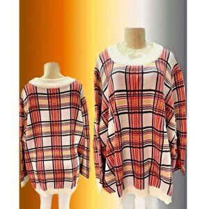 Woman Within +5X Coral-Cream Plaid Crew Neckline Ribbed Trim Long Sleeve Sweater